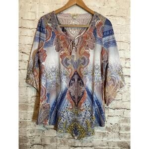 One World Top Womens Large Rust & Navy Medallion Print Tassels Boho Hippie Flowy